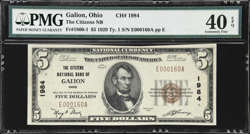 Galion, Ohio. $5 1929 Ty. 1. Fr. 1800-1. Citizens NB. Charter #1984. PMG Extreme...