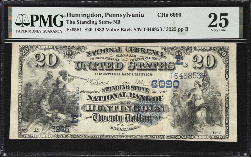 Huntingdon, Pennsylvania. $20 1882 Value Back. Fr. 581. Standing Stone NB. Chart...