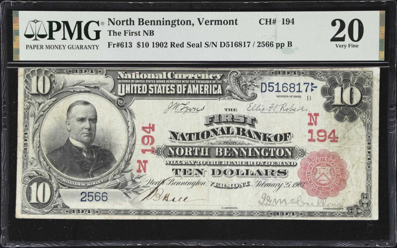 North Bennington, Vermont. $10 1902 Red Seal. Fr. 613. The First NB. Charter #19...