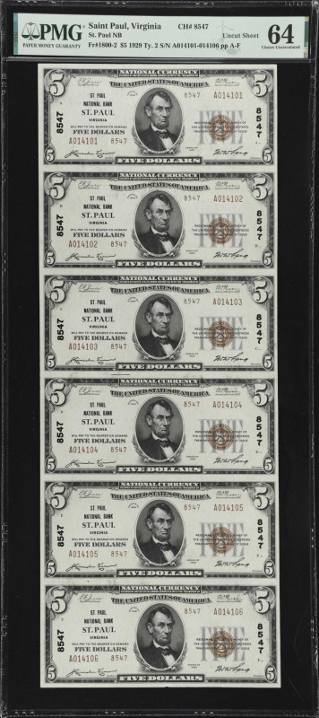 Uncut Sheet of (6) Saint Paul, Virginia. $5 1929 Ty. 2. Fr. 1800-2. St. Paul NB....