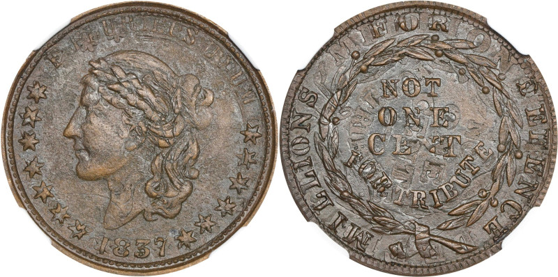 "1837" Liberty - Not One Cent Fantasy. HT-40, Low-26, W-X-300a. Rarity-7. Copper...