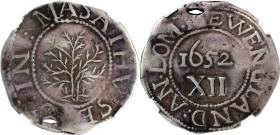 1652 Oak Tree Shilling. Noe-1, Salmon 1-A, W-430. Rarity-3. IN at Left. VF Details--Holed (NGC).
71.8 grains. With a sharp tree, date, and denominati...