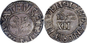 Lovely High Grade Oak Tree Shilling
1652 Oak Tree Shilling. Noe-4, Salmon 2-D, W-460. Rarity-4. IN at Bottom. AU-55 (PCGS).
74.0 grains. A handsome ...