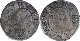 High Grade Oak Tree Sixpence
Ex Picker
1652 Oak Tree Sixpence. Noe-22, Salmon 2b-B, W-400. Rarity-5. IN on Obverse. AU-55 (PCGS).
33.2 grains. From...