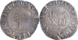 Sharp AU Noe-2 Pine Tree Shilling
Extensive Numismatic Provenance
1652 Pine Tree Shilling. Large Planchet. Noe-2, Salmon 2-C, W-700. Rarity-4. Witho...