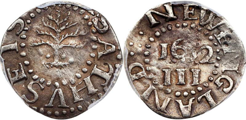 1652 Pine Tree Threepence. Noe-34, Salmon 1-A, W-630. Rarity-4. Pellets at Trunk...