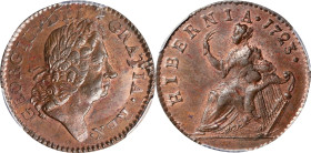 1723 Wood's Hibernia Halfpenny. Martin 4.28-Gc.24, W-13120. Rarity-6. MS-64 RB (PCGS).
This is an attractive Choice Mint State example of Wood's Hibe...