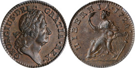 1724 Wood's Hibernia Halfpenny. Martin 4.51-K.4, W-13690. Rarity-2. MS-63 BN (PCGS).
Frosty and lovely chocolate-brown with traces of faded mint colo...