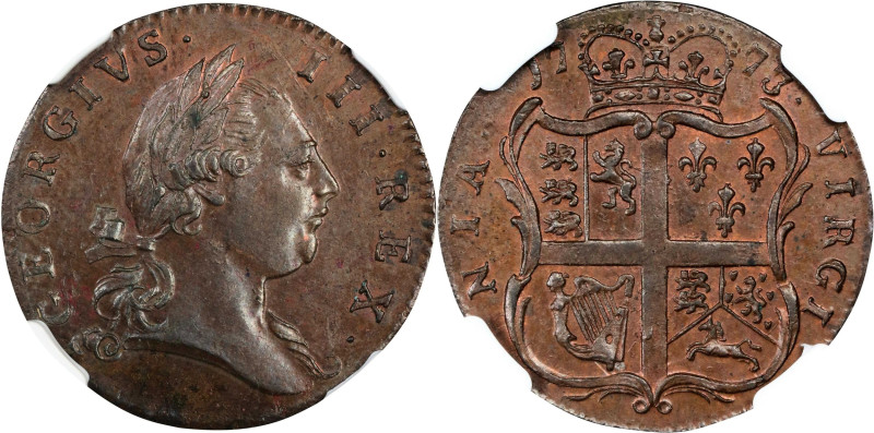 1773 Virginia Halfpenny. Newman 25-M, W-1580. Rarity-2. Period After GEORGIVS, 7...