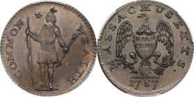 1787 Massachusetts Half Cent. Ryder 2-A, W-5910. Rarity-4-. MS-62 BN (PCGS).
A lovely example of the variety with rich olive-copper patina and hard, ...