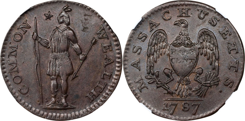 1787 Massachusetts Half Cent. Ryder 2-A, W-5910. Rarity-4-. AU-58 BN (NGC).
A h...