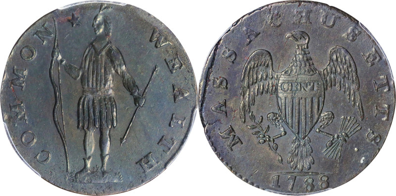 1788 Massachusetts Cent. Ryder 3-A, W-6210. Rarity-3+. Slim Indian, Period After...