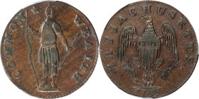 1788 Massachusetts Cent. Ryder 11-E, W-6300. Rarity-3+. Slim Indian, Period After MASSACHUSETTS. EF-40 (PCGS).
Choice glossy surfaces show highly att...