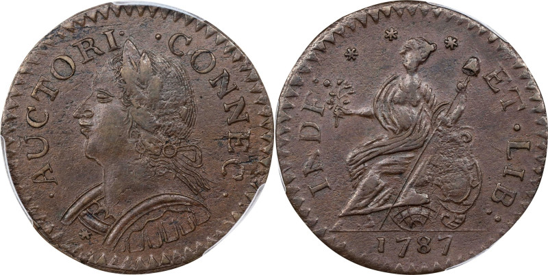 1787 Connecticut Copper. Miller 6.1-M, W-2820. Rarity-1. Mailed Bust Left, First...