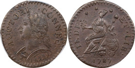 1787 Connecticut Copper. Miller 6.1-M, W-2820. Rarity-1. Mailed Bust Left, First Laughing Head. AU-58 (PCGS).
A handsome piece with good centering on...