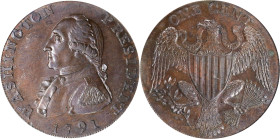 1791 Washington Large Eagle Cent. Musante GW-15, Baker-15, W-10610. Lettered Edge. MS-64 BN (PCGS). CAC.
Direct lighting calls forth enticing proofli...