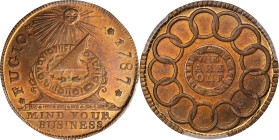 "1787" (ca. 1860) Fugio Cent. "New Haven Restrike". Newman 104-FF, W-17560. Rarity-3. Brass or Yellow Bronze. MS-64 (PCGS).
Glorious golden-orange su...