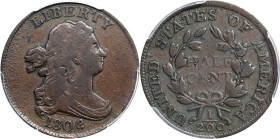 1802/0 Draped Bust Half Cent. C-2. Rarity-3. Second Reverse (a.k.a. Reverse of 1802). Fine-15 (PCGS).
Any 1802/0 half cent is a prized rarity. High g...