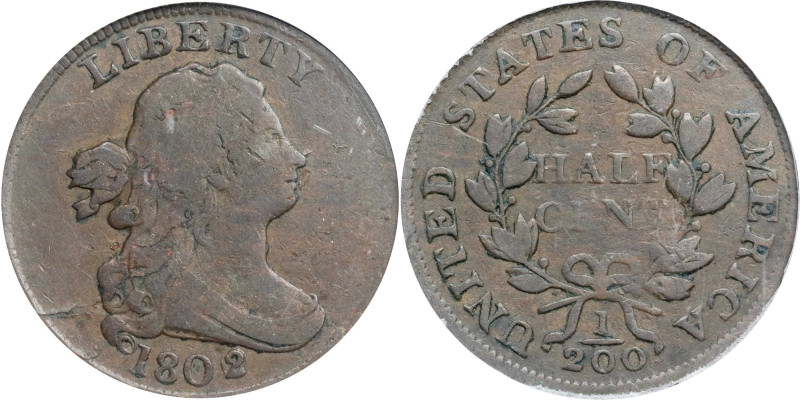 1802/0 Draped Bust Half Cent. C-2. Rarity-3. Second Reverse (a.k.a. Reverse of 1...