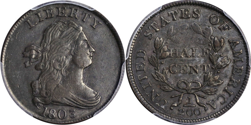 1803 Draped Bust Half Cent. C-3. Rarity-1. Widely Spaced 3. AU-58 (PCGS). CAC.
...