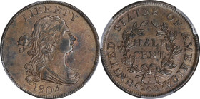 1804 Draped Bust Half Cent. C-9. Rarity-2. Crosslet 4, Stems to Wreath. MS-62 BN (PCGS).
Original golden-brown surfaces with splashes of warmer steel...