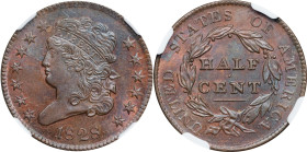 1828 Classic Head Half Cent. C-3. Rarity-1. 13 Stars. MS-64 RB (NGC).
The surfaces are Choice with a satiny texture and sharp striking detail to the ...