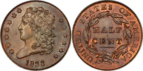 1833 Classic Head Half Cent. C-1, the only known dies. Rarity-1. MS-65 BN (PCGS). CAC. OGH.
This is a beautiful coin, both sides fully struck with ri...