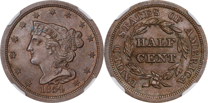 1854 Braided Hair Half Cent. C-1. Rarity-1. MS-66 BN (NGC).
Rich, frosty luster...