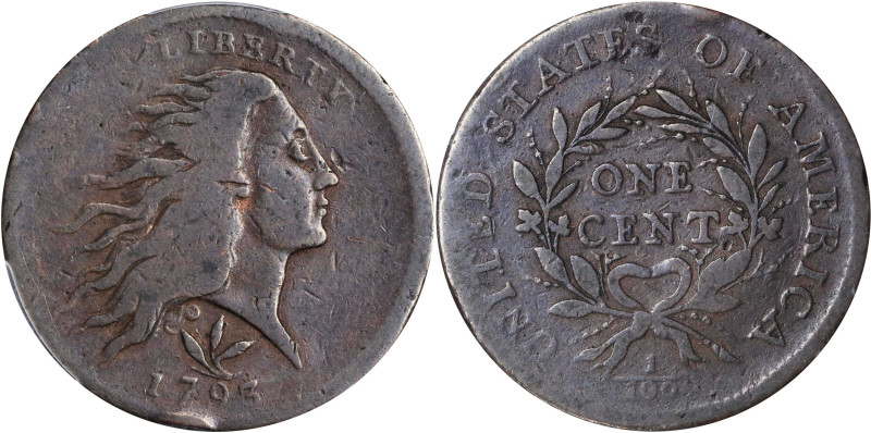 1793 Flowing Hair Cent. Wreath Reverse. S-9, B-12. Rarity-2. Vine and Bars Edge....