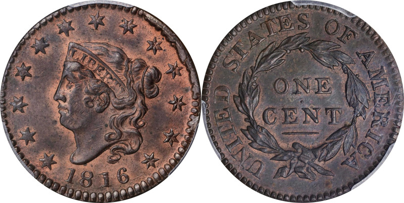 1816 Matron Head Cent. N-2. Rarity-1. MS-63 RB (PCGS).
Popular for type purpose...