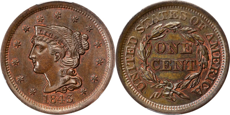 1843 Braided Hair Cent. N-6. Rarity-1. Grellman Die State e. Mature Head, Large ...