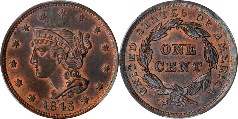 1843 Braided Hair Cent. N-12. Rarity-2. Petite Head, Small Letters. MS-63 RB (PC...