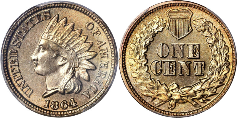 1864 Indian Cent. Copper-Nickel. MS-66 (PCGS).
Gorgeous golden-tan surfaces wit...