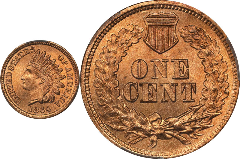 1864 Indian Cent. Bronze. MS-66 RD (CACG).
A very pleasing and lustrous PQ Gem....