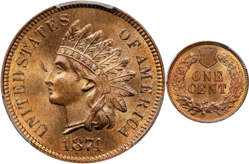 1874 Indian Cent. MS-65 RD (PCGS).
A beautiful Gem example that is clothed in b...