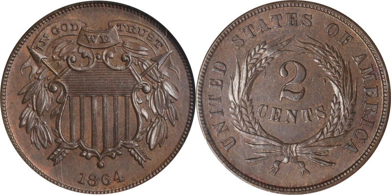 1864 Two-Cent Piece. FS-401. Small Motto. MS-63 BN (ANACS). OH.
Rich chocolate-...