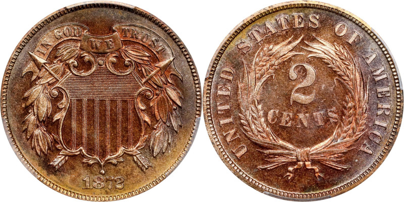 1872 Two-Cent Piece. Proof-64 RD (PCGS). CAC.
Remarkably vivid surfaces offer a...