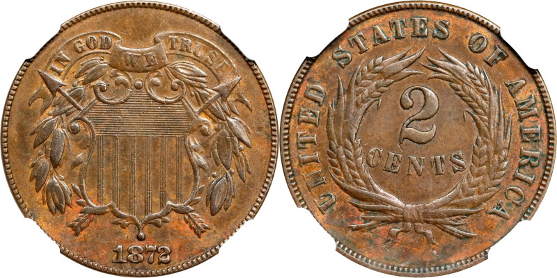 1872 Two-Cent Piece. AU-50 BN (NGC).
The final year that this short lived denom...