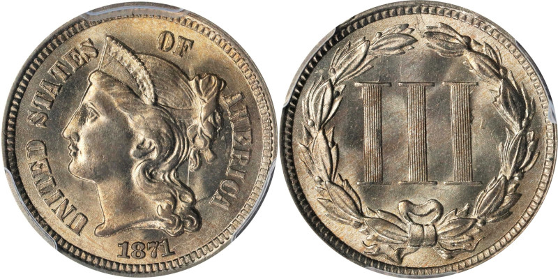 1871 Nickel Three-Cent Piece. MS-66 (PCGS).
A frosty premium Gem with impressiv...