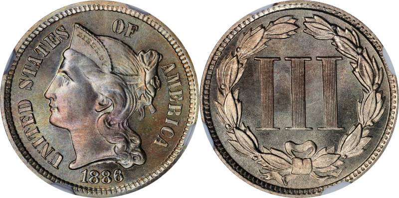 1886 Nickel Three-Cent Piece. Proof-68 (NGC).
A satiny Superb Gem of the first ...