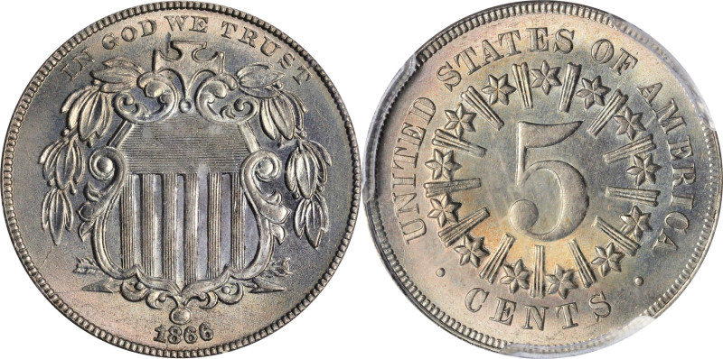 1866 Shield Nickel. Rays. MS-66 (PCGS). CAC.
Lustrous satin surfaces are except...