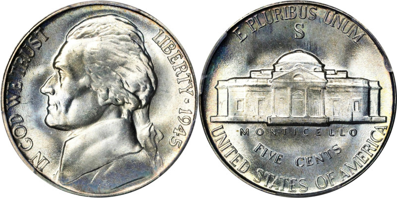 1945-S Jefferson Nickel. MS-67 FS (PCGS).
A brilliant and lustrous Gem example ...