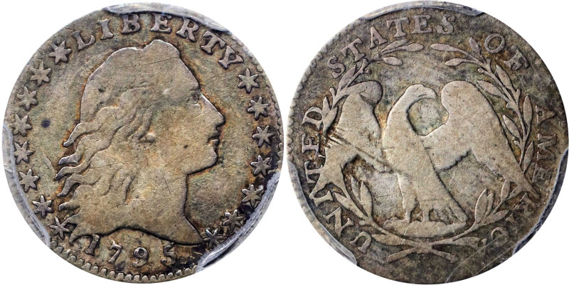 1795 Flowing Hair Half Dime. LM-10, V-4. Rarity-3. VG-8 (PCGS).
Well worn, but ...