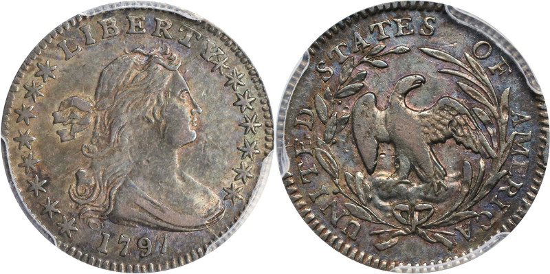 1797 Draped Bust Half Dime. LM-1, V-2. Rarity-3. 15 Stars. EF-45 (PCGS). CAC.
T...