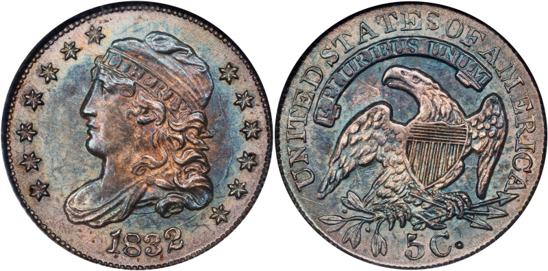 1832 Capped Bust Half Dime. LM-3, V-1. Rarity-1. MS-65 (NGC).
A lovely Gem Mint...