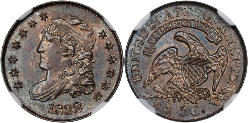 1832 Capped Bust Half Dime. LM-3, V-1. Rarity-1. MS-65 (NGC).
A richly original...