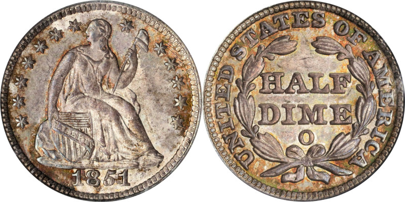 1851-O Liberty Seated Half Dime. V-2. MS-65 (PCGS). CAC.
Beautifully toned surf...