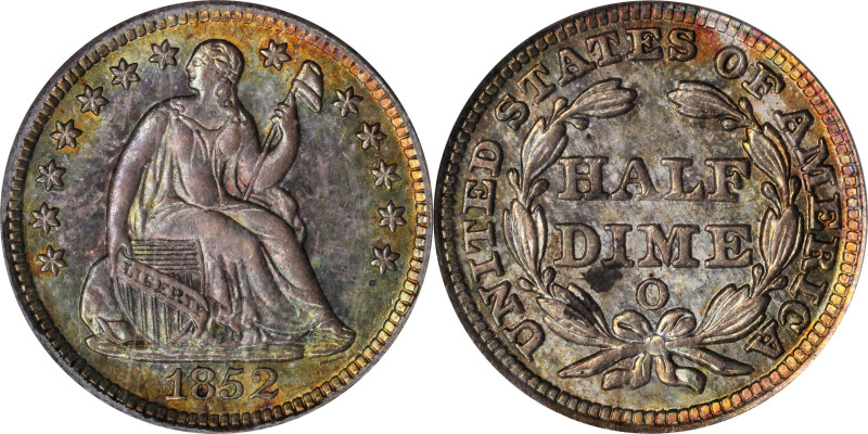 1852-O Liberty Seated Half Dime. V-1, the only known dies. MS-64 (PCGS).
A love...