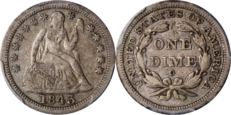 1843-O Liberty Seated Dime. Fortin-101, the only known dies. Rarity-4-. VF-30 (P...