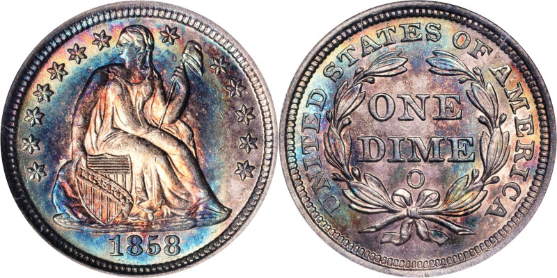 1858-O Liberty Seated Dime. Fortin-101, the only known dies. Rarity-6-. MS-62 (A...